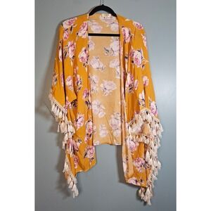 Umgee Floral Kimono Wrap Mustard Yellow Pink Tassel Fringe Boho Cardigan S/M